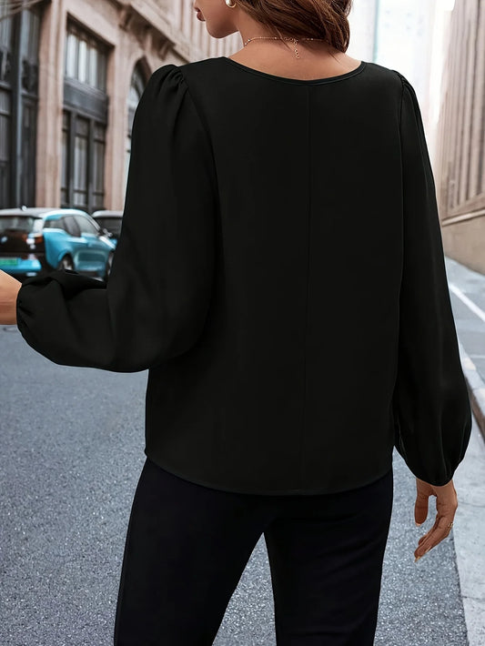 Elegant Pure Color Button-Down Shirt with Lantern Sleeves Sophisticated Design Classic Fit Office Wear Casual Wear - Chrissy's Eye