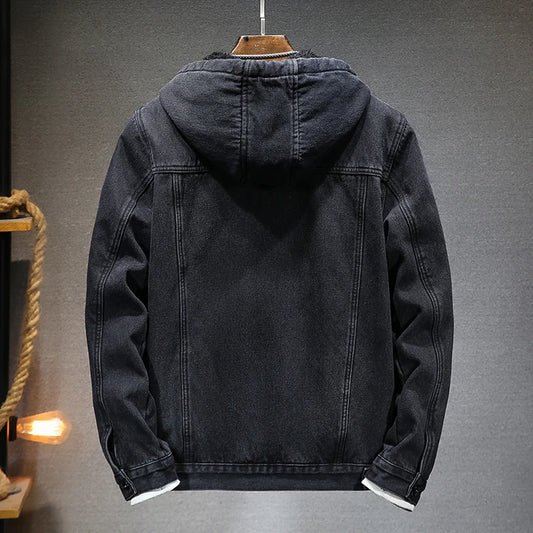 Men's denim jacket, fleece thick thermal, casual hooded - Chrissy's Eye
