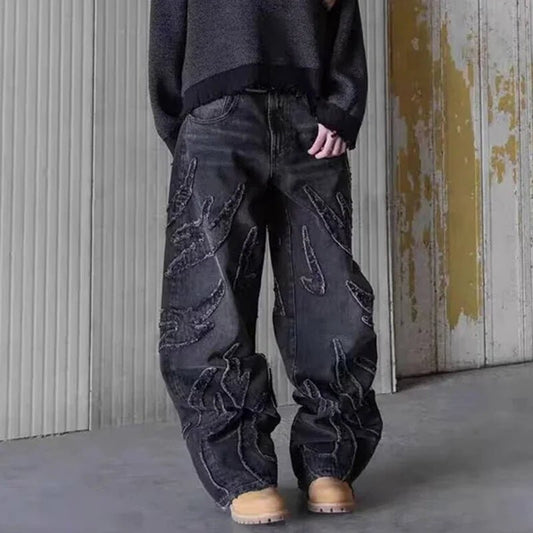 Men's Baggy Streetwear Jeans Retro Fashion Wide Leg Denim Pants Graphic Embroidered Designer Hip Pop Denim Trousers - Chrissy's Eye