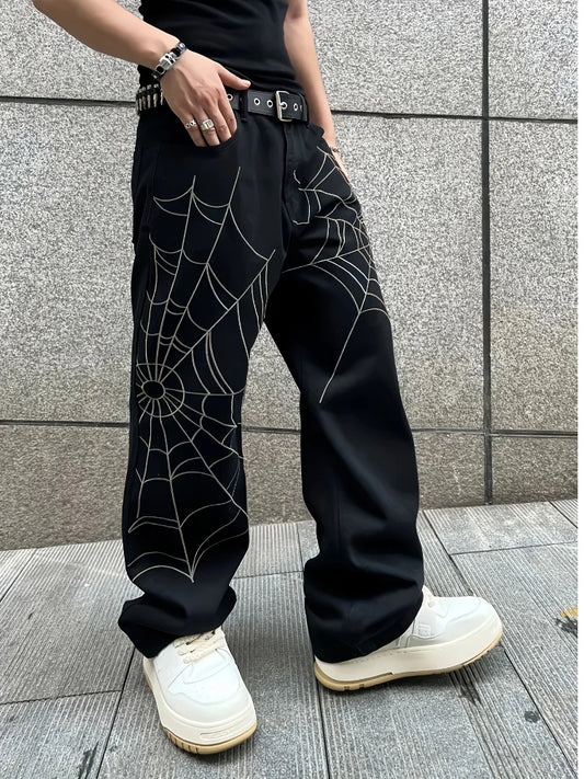 Men's Black Jeans Spider Web Printing Loose Wide Leg Casual Daily Trousers High Street Fashion Trendy Streetwear Denim Pants - Chrissy's Eye