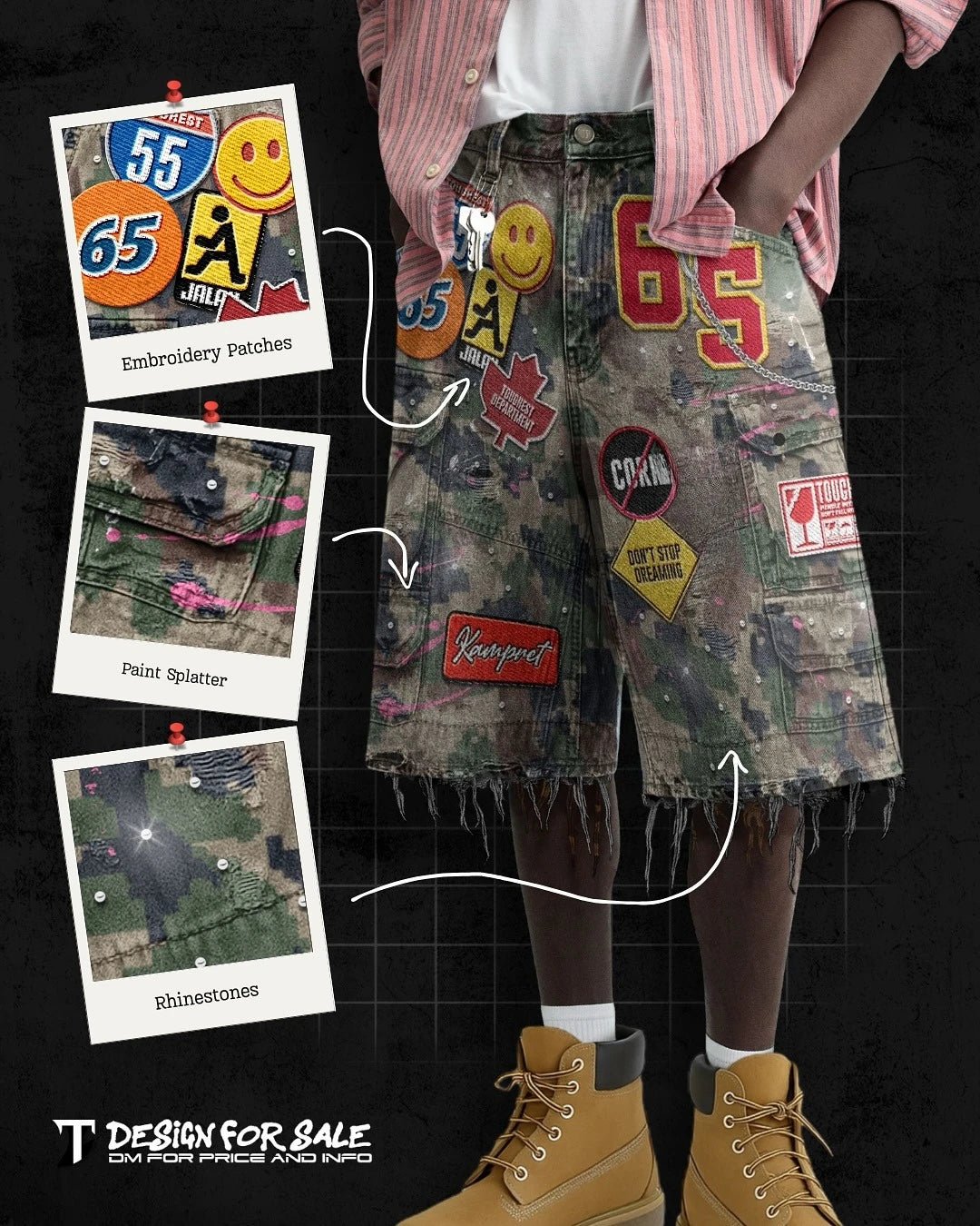 Retro Blue Streetwear Patchwork Denim Short Y2K Jeans Men Women Hip Hop Cartoon Graphics Loose Camo Denim Fitness Casual Shorts - Chrissy's Eye