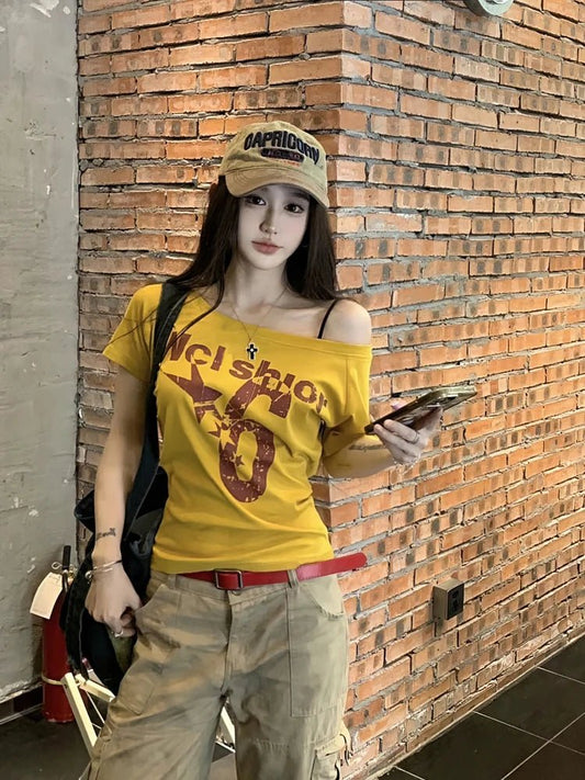 Y2k Sport Summer Off shoulder Top Women Sexy Vintage 2000s Short sleeve T shirt Lady Body Basic Crop Top Female Casual - Chrissy's Eye