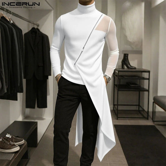 INCERUN Men Irregular T Shirt Mesh Patchwork Turtleneck Long Sleeve Zipper Tee Tops Men Streetwear 2025 See Through Men Clothing - Chrissy's Eye