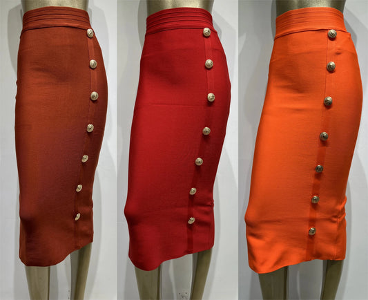 Spring New Women Bandage Skirts Elegant High Waist Midi Calf Gold Buttons Pencil Skirt High Street Office Lady Formal Clothing - Chrissy's Eye