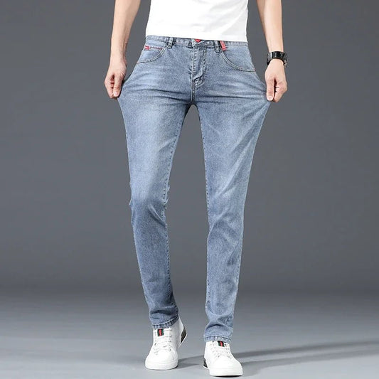 2024 New Men's Cotton Business Casual Skinny Jeans Trendy Fashionable Stretch Straight Slim Denim Trousers Male Blue Grey - Chrissy's Eye