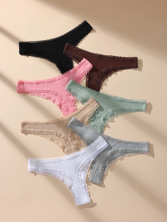 7Pcs/Set Women Thongs Panties Cotton Sexy Lace Underwear Tanga Solid Pants Plus Size Underpants G-Strings Female Lingerie S-3XL - Chrissy's Eye