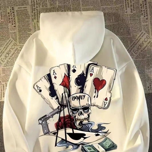 【M-8XL Hoodies】Autumn Men Pullover Hoodie Oversized Sweatshirt Fashion Loose Skeleton Poker Print Long Sleeve Couple Clothes - Chrissy's Eye