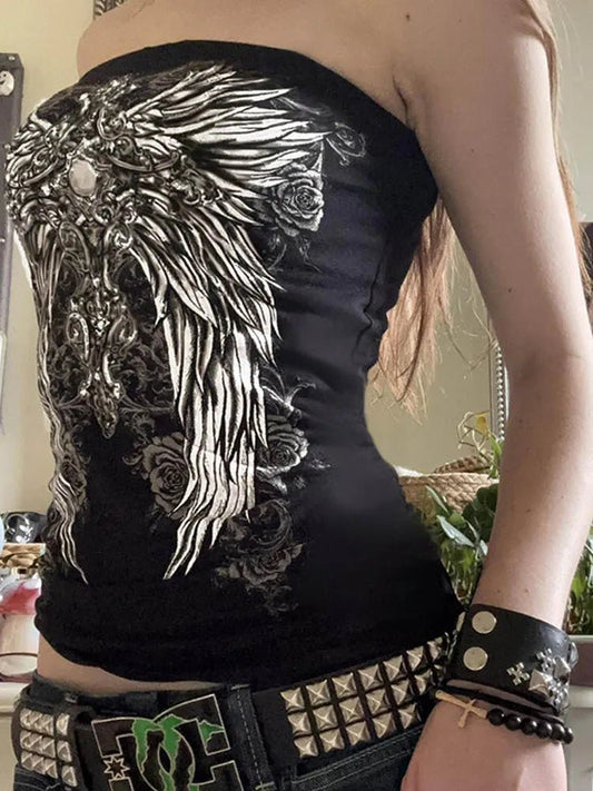 Gothic Print Black Tube Top Women Strapless Cropped Streetwear - Chrissy's Eye
