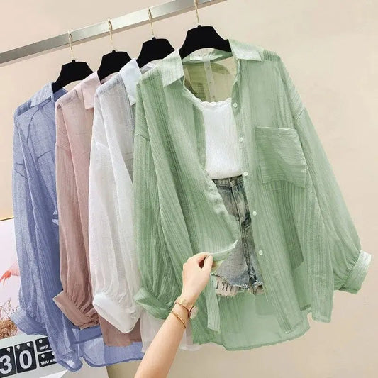 Summer Sunscreen Shirt Elegant Perspective Thin Chiffon Blouse Korean Harajuku See Through Loose Top Casual Women's Cardigan - Chrissy's Eye