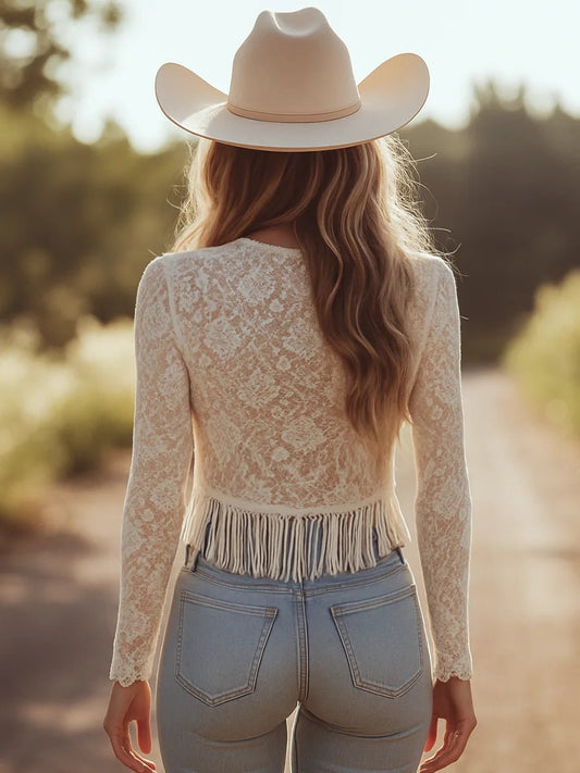 Retro Fashion V Neck Tops Women Long Sleeve Tassel Lace Hollow Out Perspective Shirts Spring Summer Chic Y2K Clothes Party Wear - Chrissy's Eye