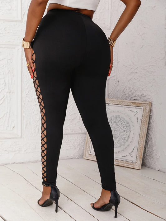 Women's Plus Size Mid-Waist Leggings Sexy Faux Cut-Out Grid Pattern Stretch Knit Pants Comfortable Solid Color Basics Trousers - Chrissy's Eye
