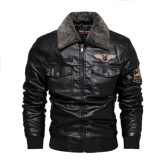 Men's Fleece Fur Collar Windbreaker Coat, Pu Jacket, Thick Warm Cashmere Military Bomber - Chrissy's Eye
