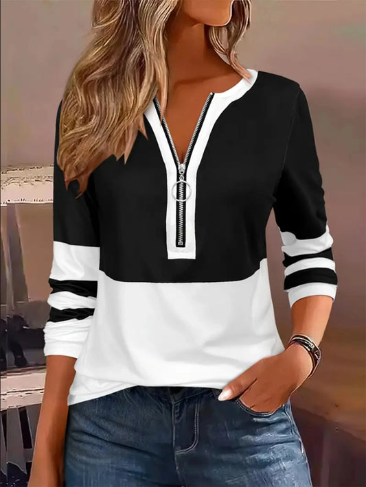 Plus Size Long Sleeve T-Shirt with Geometric Stripes & Color Block Ring Zipper Detail - Chrissy's Eye