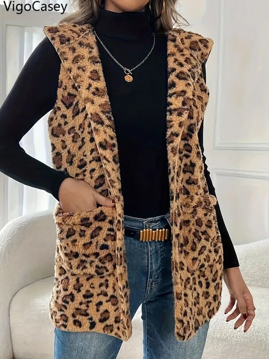 VigoCasey 2025 Loose Leopard Print Thick Vest Coat Woman Hooded Sleeveless Warm Plush Waistcoat Lady Autumn Winter Vest Jacket - Chrissy's Eye