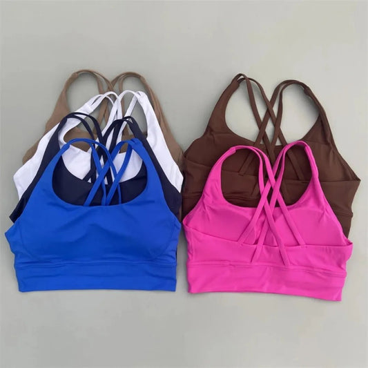 Solid Color Soft Cross Back Women Fitness Bra Tights Yoga Vest High Strength Shockproof Gym Sports Top Push Up With Chest Pad - Chrissy's Eye