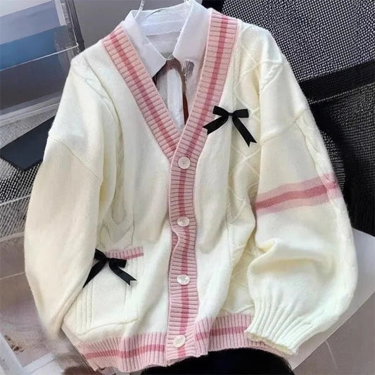 Casual Sweet Bow Cardigan Woman Autumn Winter Japanese Classic Preppy Style Knitted Coats Y2K Vintage Contrast Color V-Neck Tops - Chrissy's Eye