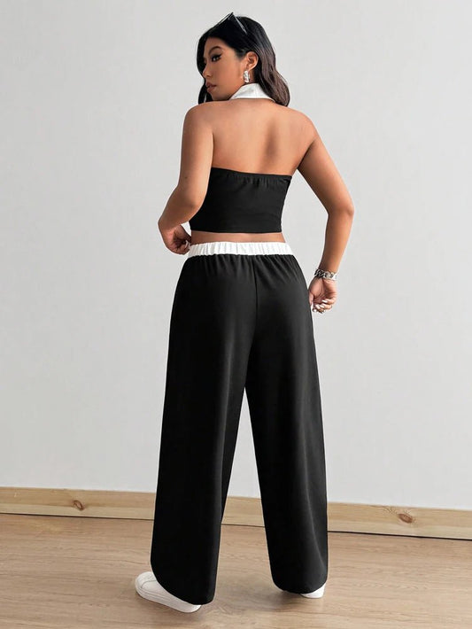 Plus Size Hanging Neck Vest Pure Desire Spice Girl Temperament Fashion Black and White Color Clash Sexy Two Piece Set - Chrissy's Eye