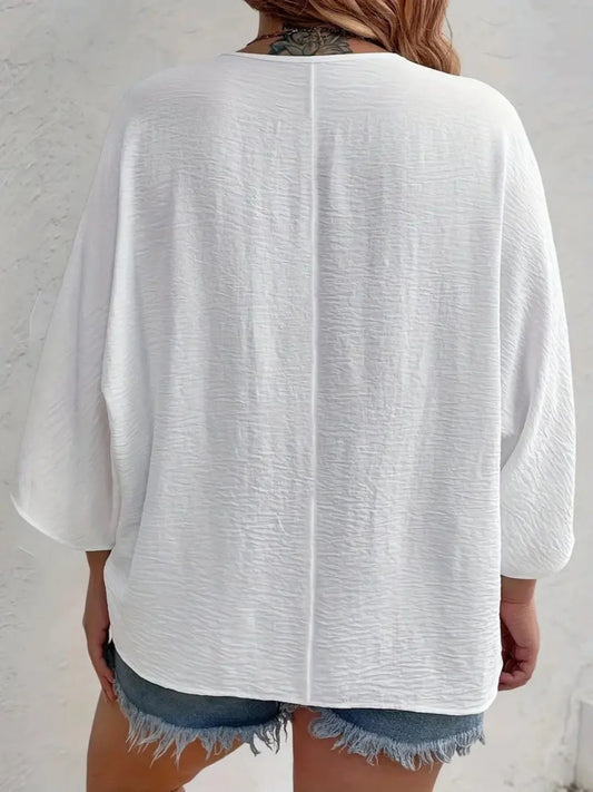 Plus Size 2025 New Fashion Women's Tops Loose V-Neck Long Sleeve T-Shirt Spring Summer Elegant Solid Color Casual Blouse - Chrissy's Eye
