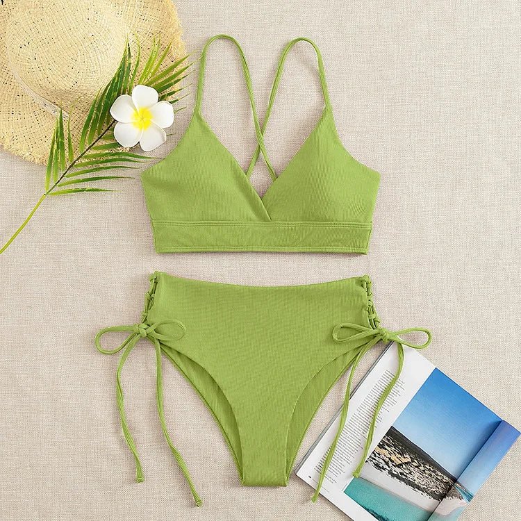 Cikini-V-Neck Split Bikini Set for Women, Sexy Swimsuit, Lace Up, Triangular Bikinis, Solid Color, Beach Swimwear, Bathing Suit - Chrissy's Eye