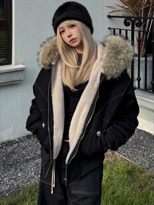 2000s Aesthetic Black Elegant Jacket Woman 2025 Winter Y2k Zip Up Hooded Design Harajuku Coat Female Loose Casual Punk Outfits - Chrissy's Eye