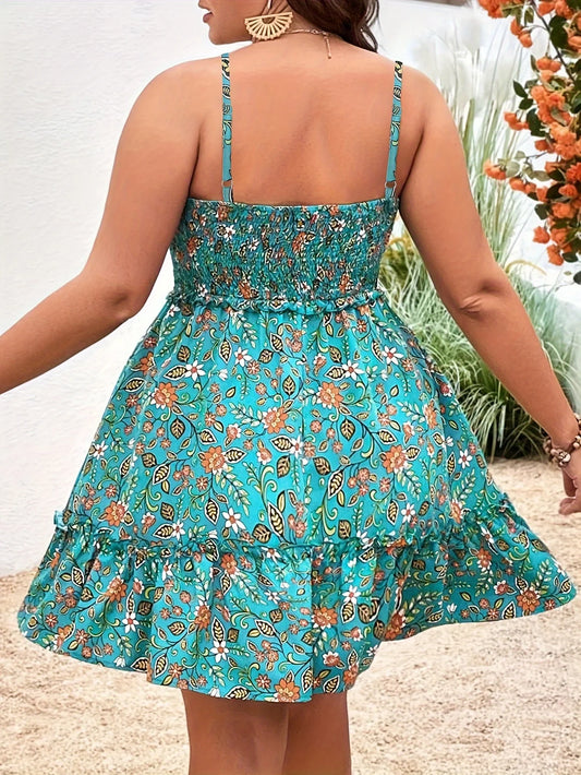 Plus Size Summer Women Elegant Floral Print Dress Vacation Vintage Casual Sleeveless Ruffle Sling Dresses - Chrissy's Eye