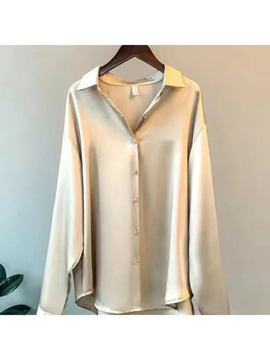 Plus Size Casual Women Silk Shirt 2025 New Fashion Loose Long Sleeve Button-Down Blouse Female Elegant Top Office Acetate Shirts - Chrissy's Eye