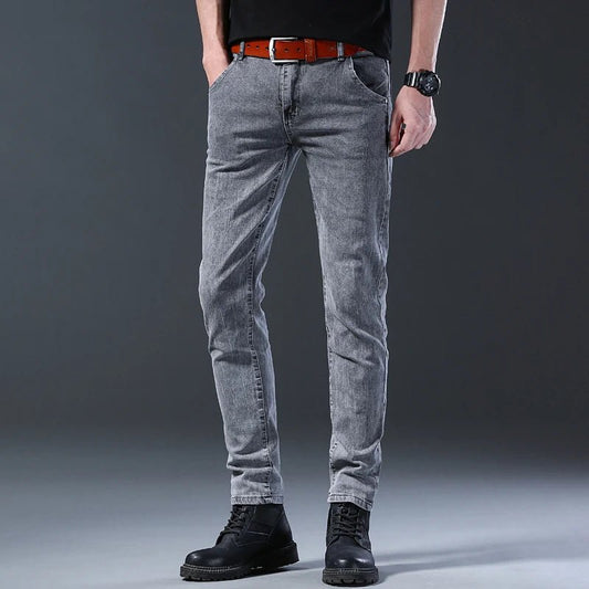 New style jeans, men's slim fit, Korean style comfortable straight leg elastic gray mid waist pants, men's casual denim pants - Chrissy's Eye