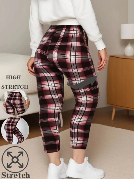 CUHAKCI Plus Size High Stretch Sexy Women's Tight Fitting Red And White checkered Comfortable Sports And Casual Tight Pants - Chrissy's Eye