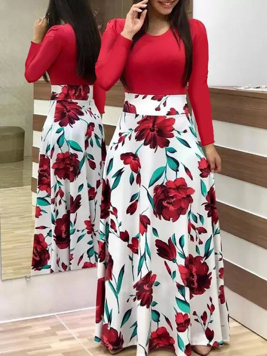 Autumn hot selling European and American flower color matching dresses, long dresses, women's clothing in stock - Chrissy's Eye