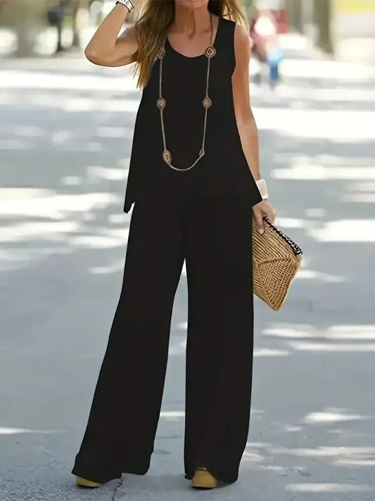 Plus Size 1XL-5XL Women's Casual Outfits Two Piece Set Solid Round Neck Tank Top Wide Leg Pants Outfits 2 Piece Set - Chrissy's Eye