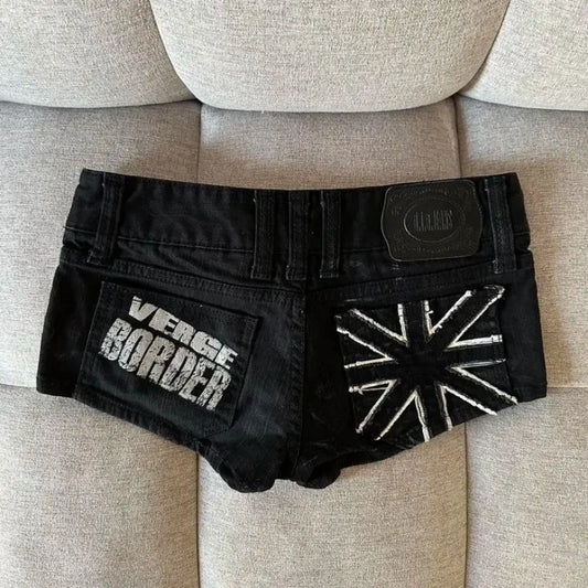 Hip hop fashion, street clothing, graphic printing style, women's black goth slim denim shorts - Chrissy's Eye