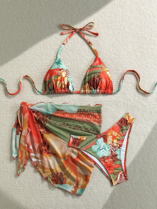 Sexy Skirt 3 Piece Bikinis Sets 2026 Women Orange Floral Tiger Print Push Up High Waist Swimsuit Bathing Suit Swimwear Biquini - Chrissy's Eye