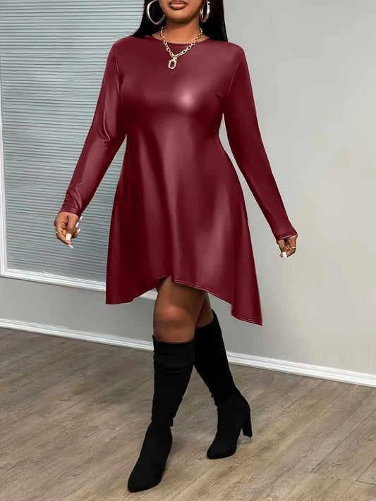 Plus size red asymmetrical PU leather skirt long sleeve round neck retro fashion dress cool and tough asymmetrical skirt - Chrissy's Eye