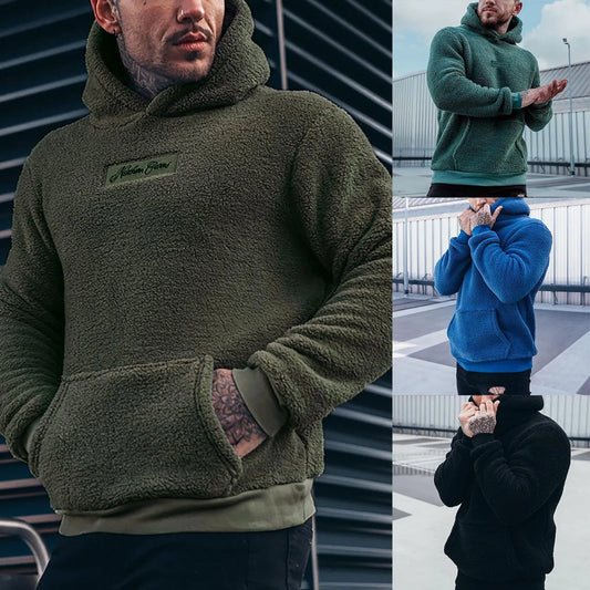 Men's Autumn Plush Hoodies Big And Tall Solid Color Sweatshirts Fuzzy Fleece Letter Label Comfty Casual Sweatshirt for Men - Chrissy's Eye