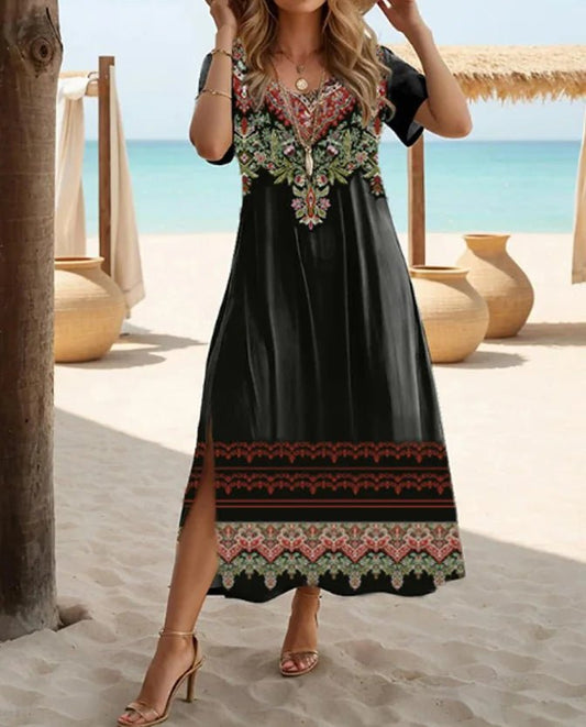 floral print casual short-sleeved plus-size dress - Chrissy's Eye