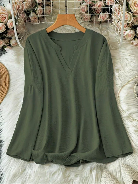 Plus Size 2025 New Casual Tops Women's Loose Long Sleeve Stand Collar T-shirts Polyester Fashion Female Apparel V-neck Clothing - Chrissy's Eye