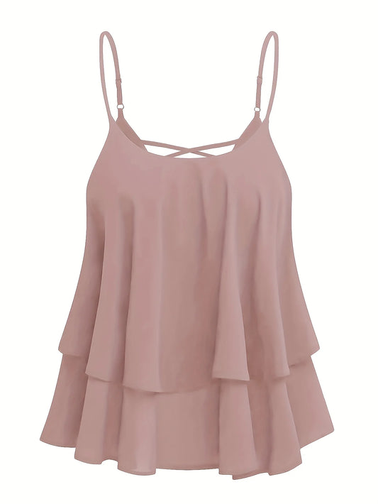 plus Size Ladies Solid Color Chiffon Double Layer Meat Concealing Top with Fine Strap Cross Back Design for Daily Commuting And - Chrissy's Eye