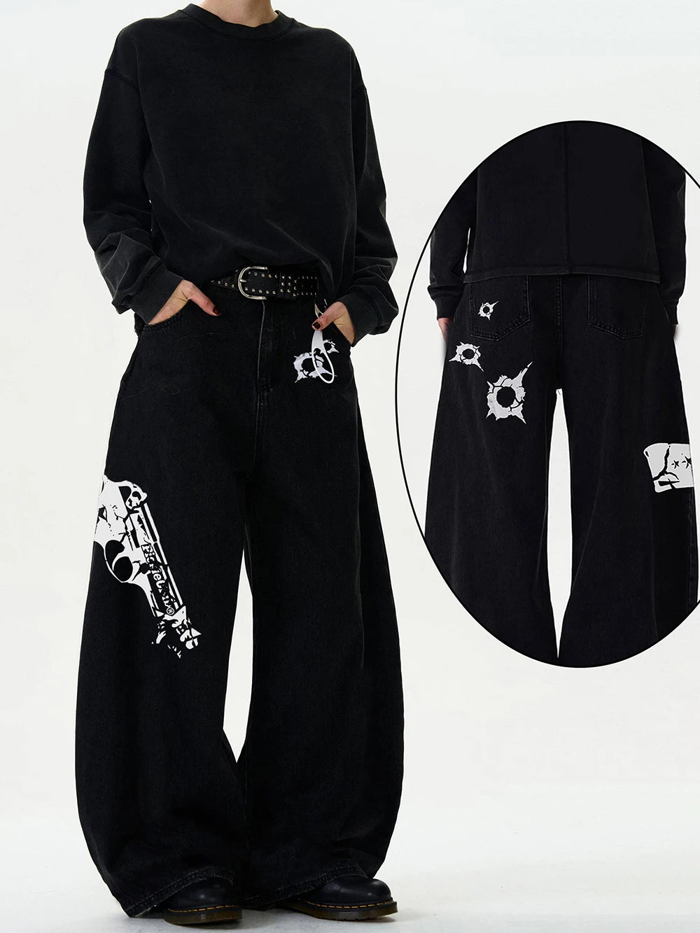 High Streets Spring Summer Men's Jeans American Baggy Wide Leg Curved Knife Denim Pants Loose Solid Color Male Trendy Trousers - Chrissy's Eye