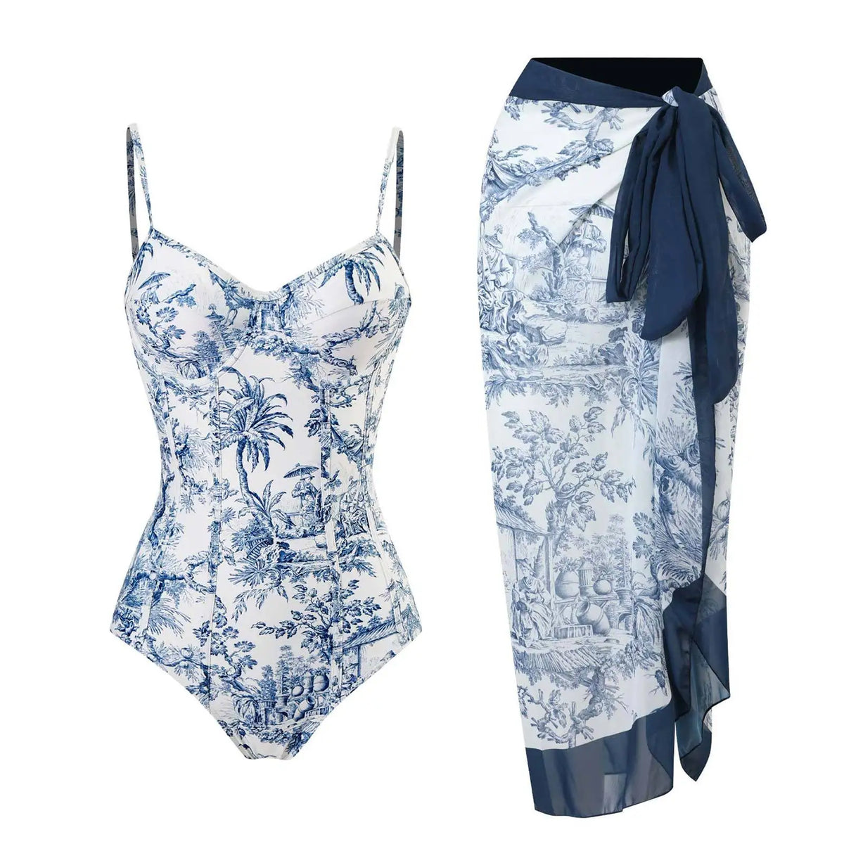 2 Pieces Retro Printed Swimsuit With Cover Up Sexy Women Swimwear 2025 V Neck Bikinis Female Biquini 3XL Bodysuit Beachwear - Chrissy's Eye