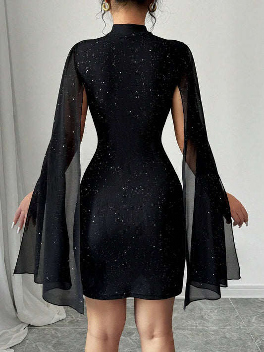 Sexy Women's Stand Collar Cape Mini Dress Sequins Sparkling Club Party Night Out Fitted Bodycon Elegant Autumn Winter - Chrissy's Eye