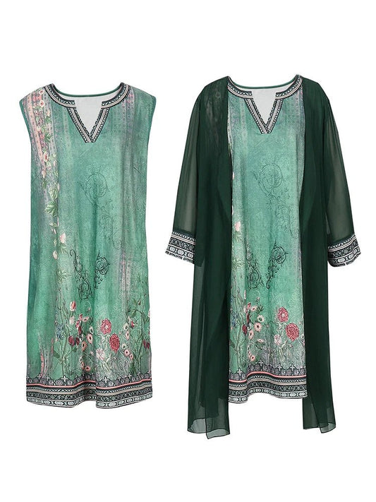 Plus Size Women's 2 Piece Vintage Floral Printed Maxi Dress with Jacket - Chrissy's Eye