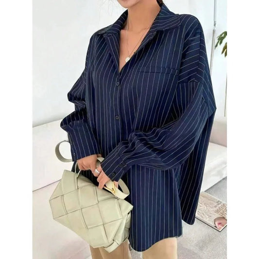 Plus Size Women's Elegant Long Sleeve Turn-down Collar Casual Baggy Shirts Women Vintage Classic Striped Blouse - Chrissy's Eye