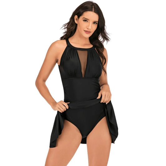 Women One Piece Swimsuit 2024 New Swimdress With Shorts Slim Mesh Hollow Out Design Solid Black/Red/Dark Blue Swimwear Plus Size - Chrissy's Eye