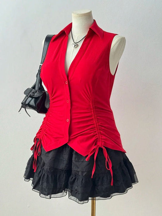 Plus Size Summer New Women's Big Size Music Festival Tie Bow Slim Slim Sleeveless Shirt Polyester Material - Chrissy's Eye