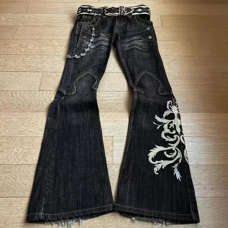 New Retro Double Waisted Lace Up Micro Flared Women Pants Streetwear Y2K Washed High-Quality Design Sense Men and Women Jeans - Chrissy's Eye