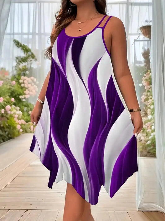 Plus-size women's fashion asymmetrical geometric stripes printed double strap dress - Chrissy's Eye
