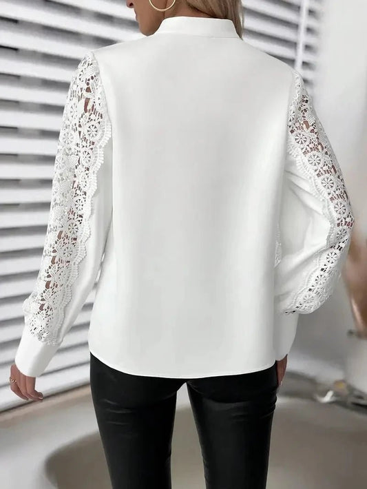 Women's White Lace Patchwork Blouse | V-Neck Choker Design Long Sleeve Elegant Office Top - Chrissy's Eye
