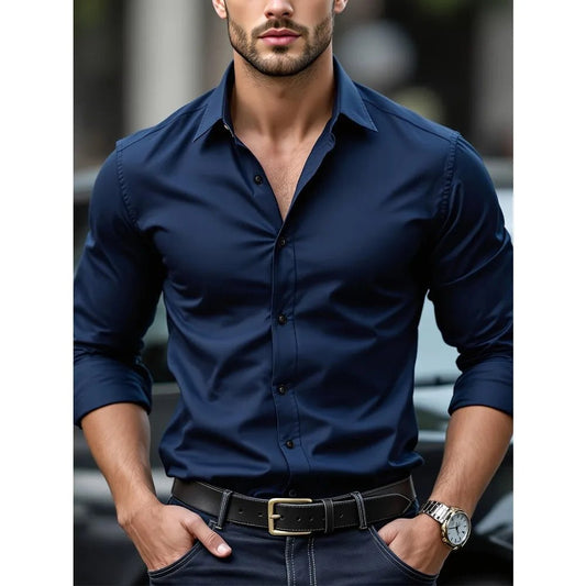 FGKKS New Men Shirt Brand New Solid Color Long Sleeve Elastic Fabric Men's Multiple Colors Male Quality Basic Shirt - Chrissy's Eye