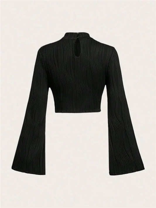 Casual Black Mock Neck Flare Long Sleeve Crop Top Women Fall Winter Y2K Clothes Solid Color Slim Fit Tee Shirt Blouse Streetwear - Chrissy's Eye