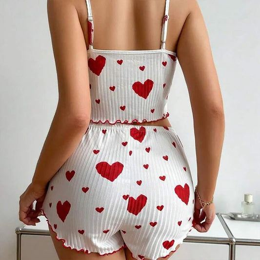 Women's Pajamas Set Sleepwear 2 PCS Short Tank Tops And Shorts S M L White Ventilate Soft Casual Love Printing - Chrissy's Eye
